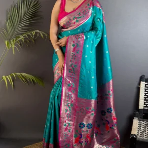 Fantabulous Firozi Paithani Silk Saree With Artistic Blouse Piece