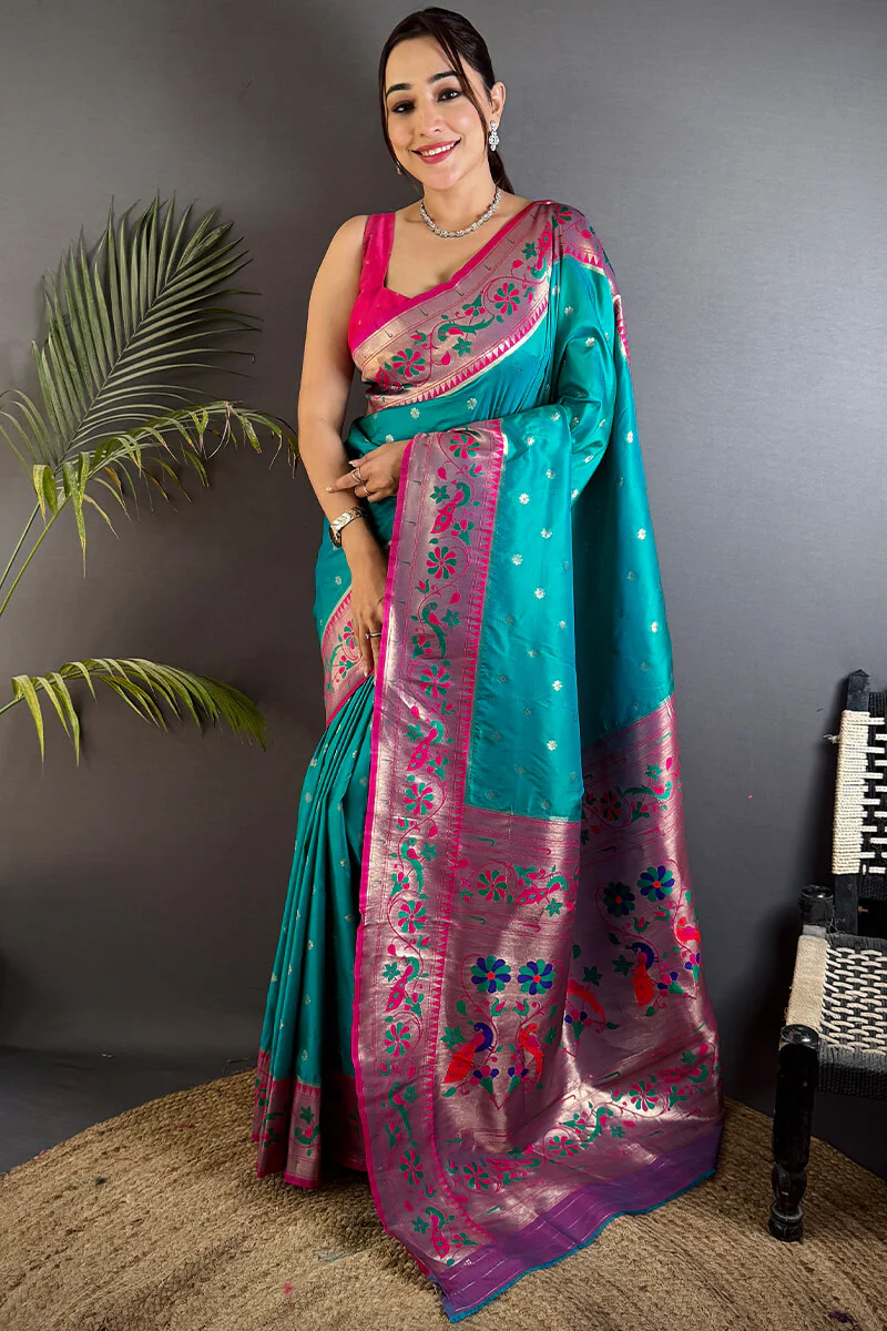 Fantabulous Firozi Paithani Silk Saree With Artistic Blouse Piece