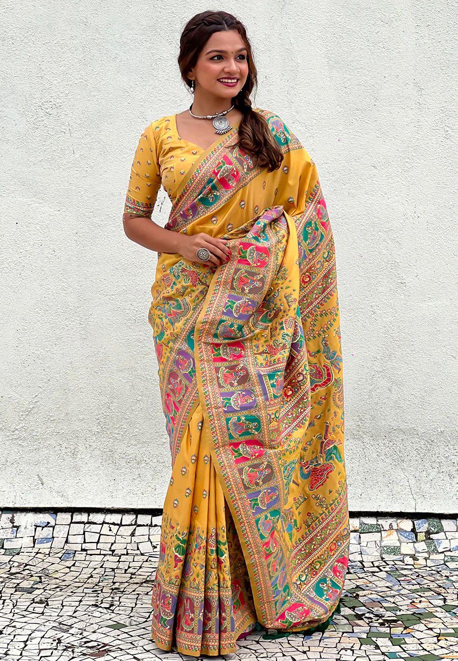 Yellow Nylon Dola Pashmina Saree With Designer Blouse Piece