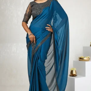 Teal Georgette Embroidered Saree With Sequins