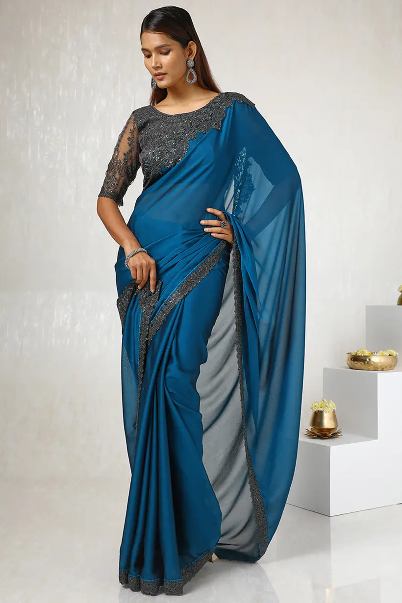 Teal Georgette Embroidered Saree With Sequins