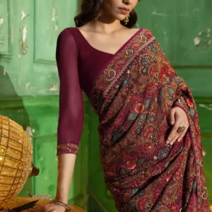 Wine Embroidered Georgette Saree with Stone Work