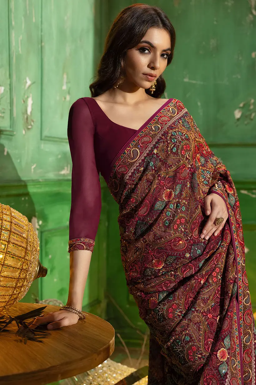 Wine Embroidered Georgette Saree with Stone Work